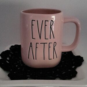 Rae Dunn Coffee Cup Mug White with Pink Interior Black Letters EVER AFTER Tea